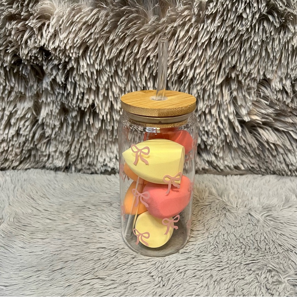 🎀 Pink bow Glass Tumbler Beauty Blender Set
